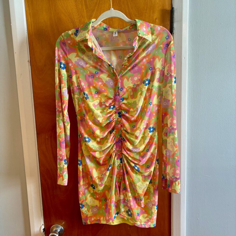 ✨Retro Mesh Ruched Dress w/ Yellow Slip (Never Worn)✨Amor y Besos - Size M